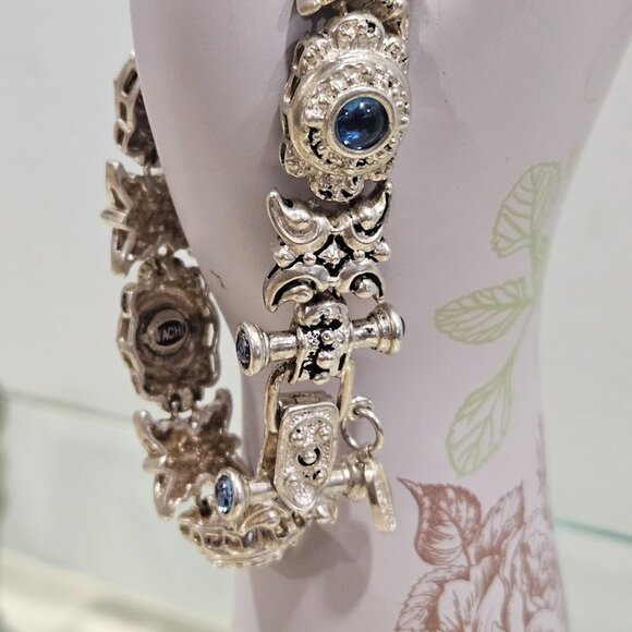 Vachi Sterling Silver Blue Stones Vintage Design Toggle Bracelet Signed - Picture 6 of 16